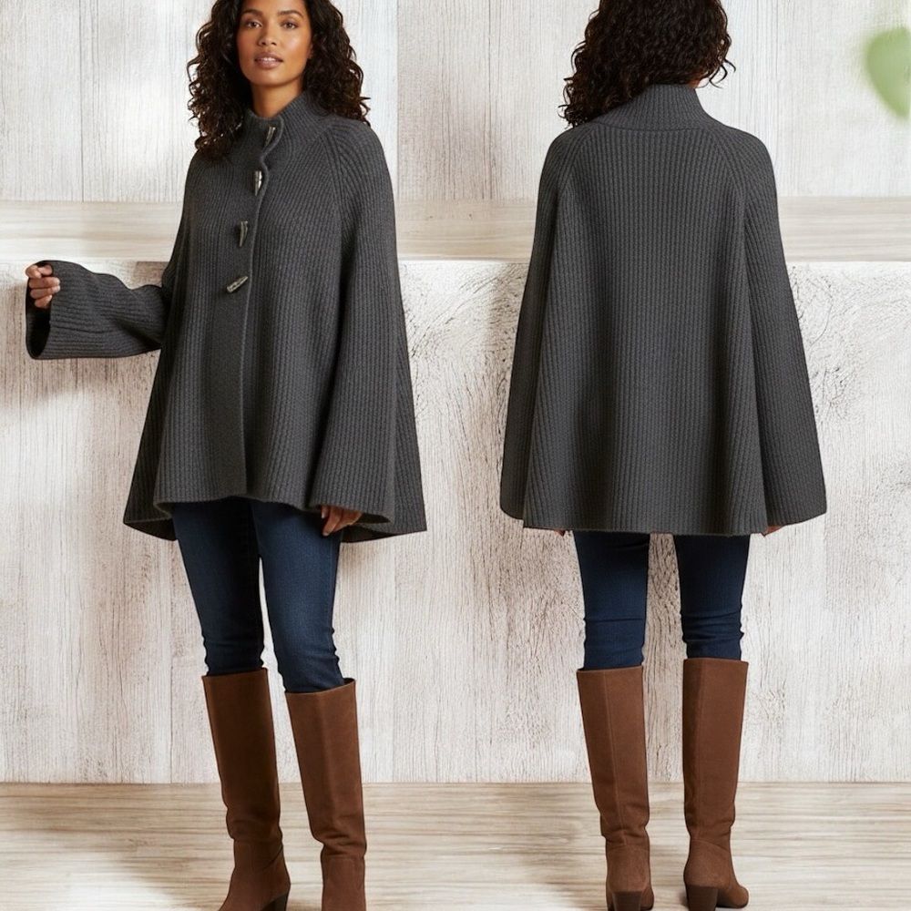 Qi Cashmere 100% Cashmere Toggle Button Ribbed Sweater XS Gray High Neck